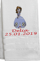 Prosop de baie brodat Alb personalizat cu personaj disney Sofia data nume 70 x 140 cm 