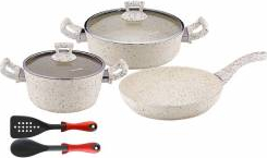 Set 7 piese Hascevher Germanitium oala 3l cu capac cratita 3 9l cu capac si tigaie 22cm granit-crem lingura ser 