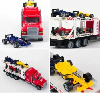 Camion cu remorca tip platforma dubla si cu 4 masinute de curse de viteza Formula 1 incluse scara 1 32 3 ani+ Shopiens 