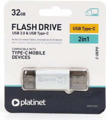 Memorie 32 Gb USB 3.0 si USB tip C Platinet scriere 40 Mb/s citire 100 Mb/s cu capac argintie