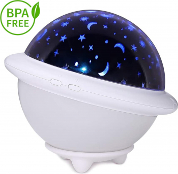 Lampa de veghe OZN portabila cu LEDuri pentru copii cu proiector 3 culori lumina reglabila 3 filme de proiectie USB si baterii alb 