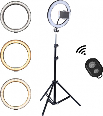 Lampa circulara Ring Light diametru 20cm/8inch 3 moduri de lumina 10 trepte reglaj telecomanda selfie trepied 210cm inclus