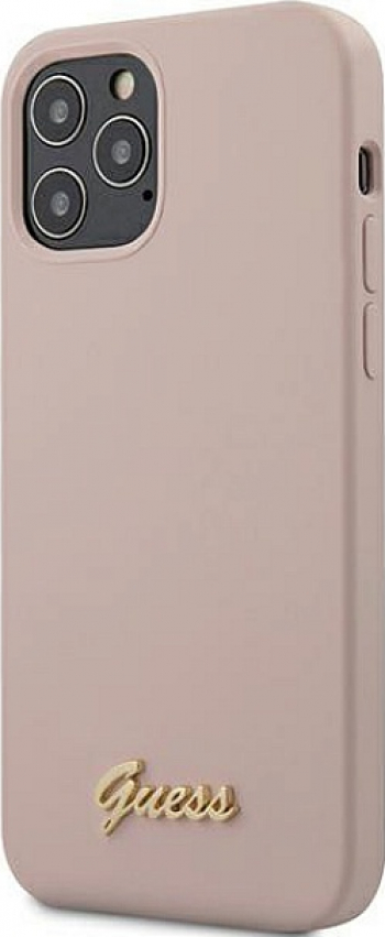 Husa Protectie Originala GUESS pentru IPHONE 12 / 12 PRO SILICONE SCRIPT GUHCP12MLSLMGLP Roz logo auriu 