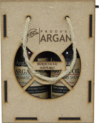 SET CADOU RUSTIC CUTIE LEMN SAMPON CU ULEI DE ARGAN ARGANA 200 ML+ GEL DE DUS CU ULEI DE ARGAN ARGANA 200 ML 