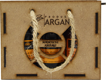 Set cadou rustic cutie lemn Sampon and Balsam Arganine 90 ml+ Gel de dus Arganine 90 ml+ Lotiune Arganine 90 ml 