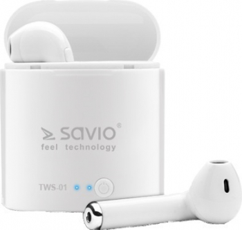 Casti Wireless Savio TWS-01 EarBuds pentru Ios and Android Bluetooth 5.0 Alb 