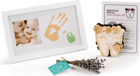 Set cadou personalizat pentru mama si copil Rama foto cu amprenta si Cutiuta Zana Maseluta Flowers pentru pastrarea dintilor de lapte 