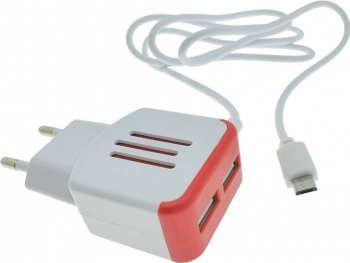 Incarcator la priza Euro 2 porturi USB DC 5V 3.1A LED cablu 85 cm cu conector microUSB alb cu rosu