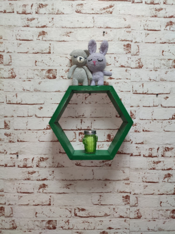 Raft de perete din lemn in forma hexagonala tip fagure cu prindere ascunsa Carnival verde 32.5 x 28 x 9.5 cm 