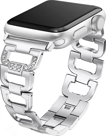 Curea Metalica Premium MTP Argintiu Insertii Stralucitoare si Zale Deschise pentru Apple Watch 44mm 