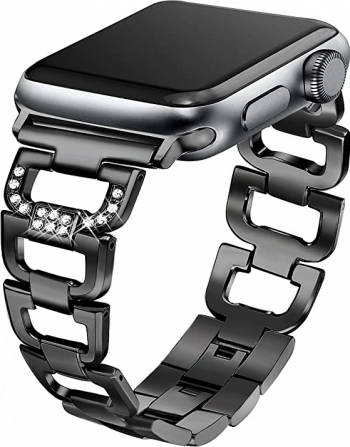 Curea Metalica Premium MTP Black Insertii Stralucitoare si Zale Deschise pentru Apple Watch 38mm 