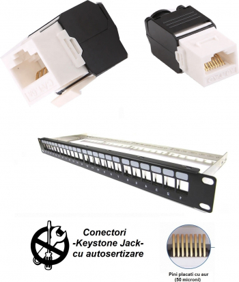 Patch Panel 19 Modular Echipat cat6A 10GB LanKATT UTP 24port x RJ45 Autosertizare toolless neecranat 500Mhz suport de cabluri - 10 Gigabit 