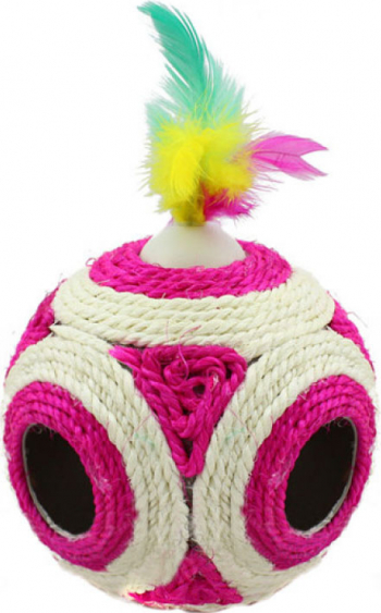 Ansamblu de joaca sisal cu 6 gauri si mingiuta cu pene culoare Roz 12 cm Doty 