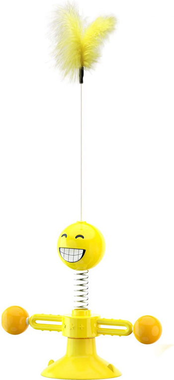 Jucarie pentru pisici Smiley Flake rotativa cu ventuza materiale de calitate biluta si pana incluse design modern dimensiuni reduse galben 