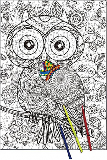 Puzzle de colorat Colorful Owl 500 de piese model bufnita 70x 50 cm 6 carioci incluse design tip mandala stimuleaza creativitatea doty 