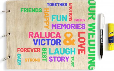 Set Guestbook din lemn personalizat prin printare UV 2 x carioca alba lipici stick 30.5 x 24 cm pentru nunta Guest Book OMG Cabina Foto 