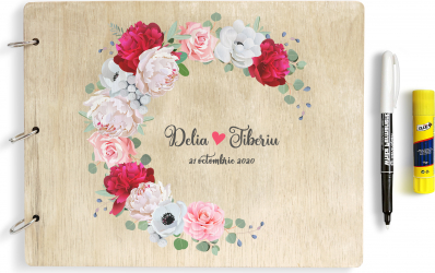 Set Guestbook din lemn personalizat prin printare UV 2 x carioca alba lipici stick 30.5 x 24 cm pentru nunta Guest Book OMG Cabina Foto 