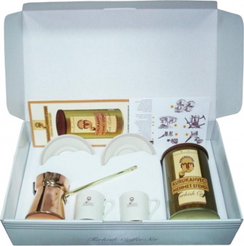Set cadou cafea turceasca Mehmet Efendi 2 cesti servure plus un ibric din cu cupru