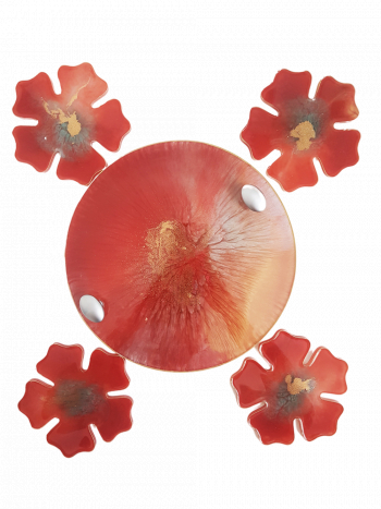 Set tava servire si patru suporturi de pahare forma floare 27 cm si 13 cm