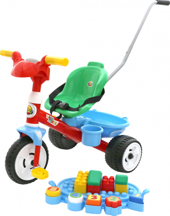 Tricicleta cu centuri - sunete - maner si set 11 jucarii - Polesie - multicolor