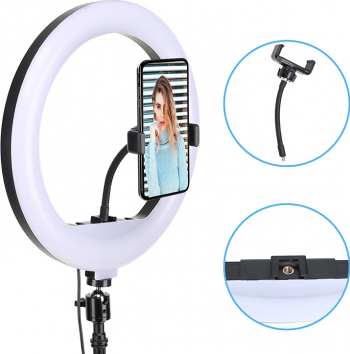 Set lampa circulara LED 30.5 cm trepied clema telefon declansator bluetooth 