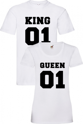 Set tricouri cuplu King 01 and Queen 01 alb L+S 