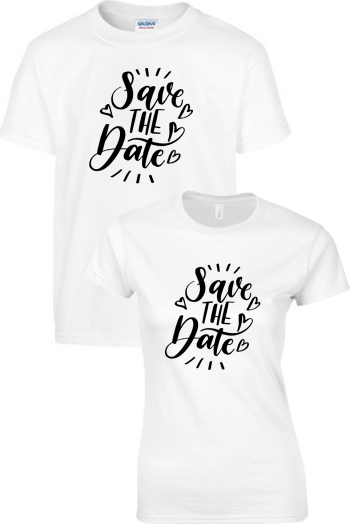 Set tricouri personalizate cuplu Save the date Alb L/S 