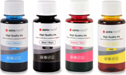 Set de 4 culori cerneala imprimante HP Agfa Photo in flacoane de cate 100ml cu capac normal- black cyan magenta yellow negru albastru 
