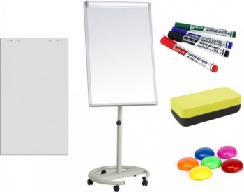 Flipchart magnetic mobil 70x100 cm cu brate laterale 7 ani garantie +Plus Office + hartie flipchart markere burete magneti