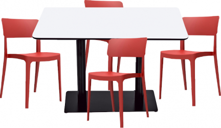 Set mobilier dining bucatarie RAKI masa dreptunghiulara cu blat MDF melaminat 120x80x75cm cu 4 scaune Pano rosii 