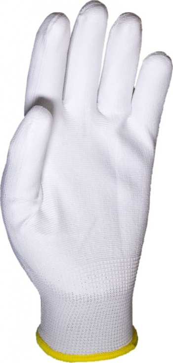 Set 12 manusi de protectie tricotate din poliester alb cu palma acoperita cu PU versiune economica marimea 10 
