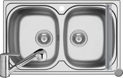 Pachet 3in1 Pyramis Aurora baterie si ROLL UP 790x500mm 2 cuve adancime 150mm pipa cu dus finisaj inox texturat 