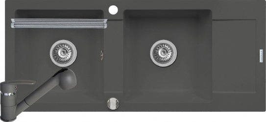 Pachet 3in1 Pyramis Mido baterie si ROLL UP 1160x500mm 2 cuve adancime 200mm pipa cu dus finisaj Pyragranite gri 