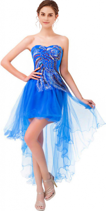 Rochie asimetrica albastra cu paun marimea 38 M 