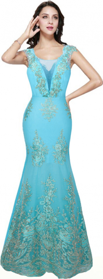 Rochie blue ciel cu broderie aurie marimea 38 M 