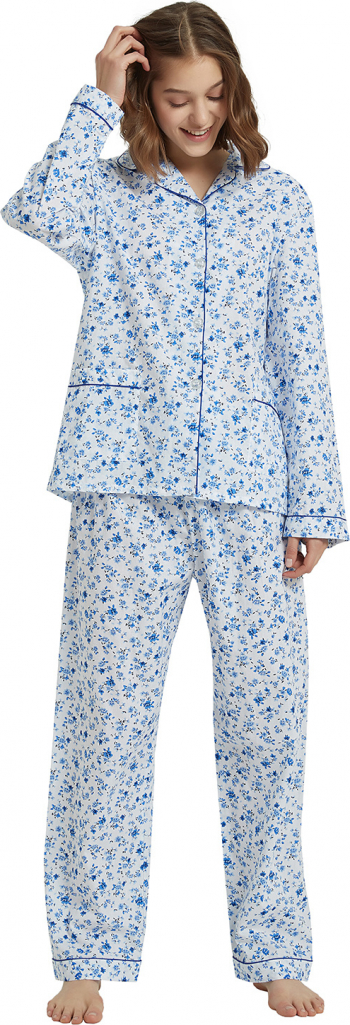 Pijama Dama GLOBAL Panza Bumbac Set Clasica Flori Albastru Marimea 42 EU S 