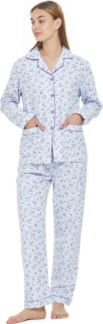 Pijama Dama GLOBAL Panza Bumbac Set Clasica Flori mov Marimea 50 EU 2XL 