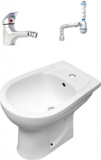 Bideu stativ Tempo Line 39 x 36 x 51 cm ceramica sanitara cu baterie si sifon de scurgere