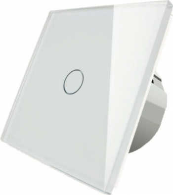 Intrerupator touch simplu cap-scara cu panou de sticla alb 86 x 86 x 35 mm