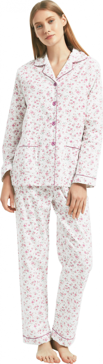 Pijama Dama Clasica GLOBAL Bumbac Set Flori roz Marime 46 EU L 
