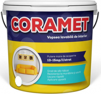 Vopsea lavabila de interior Coramet TOP Culoare alba pe baza de rasini acrilice 15 litri