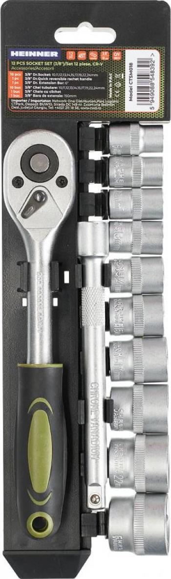 Set 12 piese Heinner CTSM018 Cheie cu clichet 3/8 capete chei tubulare 10-24 mm material chrome-vanadium 