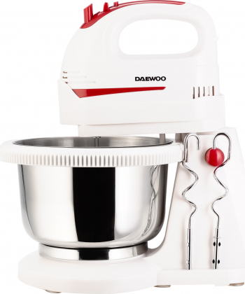 Mixer cu bol Daewoo DHM100W 300 W bol inox rotativ capacitate bol 2 l functie Turbo 5 viteze accesoriu framantare palete amestecare Alb 