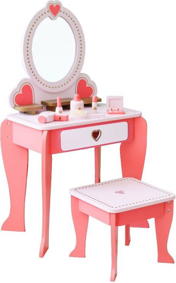 Set masa de toaleta pentru fetite PROCART 92x34x49 cm scaun si oglinda accesorii par si machiaj lemn roz 