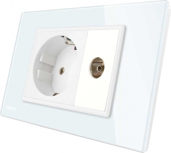 Priza simpla Schuko + TV Livolo din rama de sticla Alb 