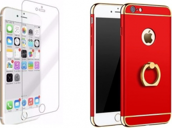Pachet husa Apple iPhone 7+ Luxury Red Plated cu Inel de sustinere si folie de sticla gratis 