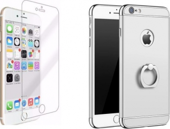 Pachet husa Apple iPhone 7+ Luxury Silver Plated cu Inel de sustinere si folie de sticla gratis 