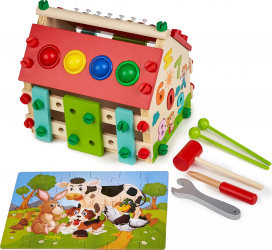 Set Casuta Inteligenta Multifunctionala Xilofon Numere Bile Happy Farm Puzzle Lemn Multicolor + 3 ani 