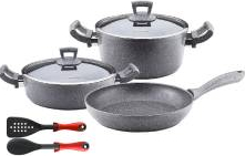 Set 7 piese Hascevher Germanitium oala 3l cu capac cratita 3 9l cu capac si tigaie 22cm granit-gri inductie lingura serv 