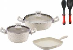 Set 7 piese Hascevher Germanitium oala 3l cu capac cratita 3 9l cu capac si tigaie gril 28cm granit-crem inductie lingur 